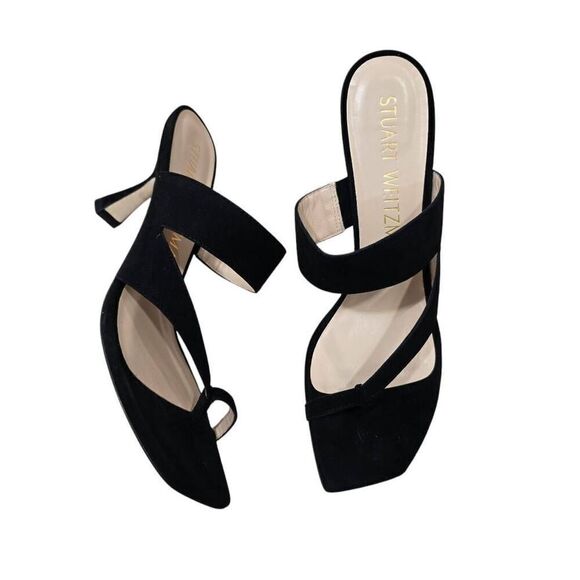 Stuart Weitzman Lyla Thong Sandals Women's 8AA Black Suede Cone Open Toe Party - Picture 2 of 8